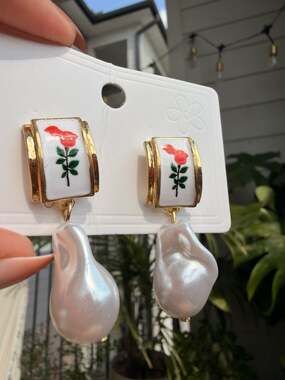 Vintage-Style Red Rose Enamel and Baroque Pearl Drop Earrings